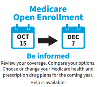 Graphic showing calendar icons with the dates October 15 and December 7. The graphic includes the text "Be informed. Review your coverage. Compare your options. Choose or change your Medicare health and prescription drug plans for the coming year. Help is available!"