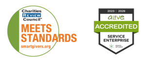 "Two logos: Charities Review Council, Meets Standards" and "AL!IVE Accredited" badge