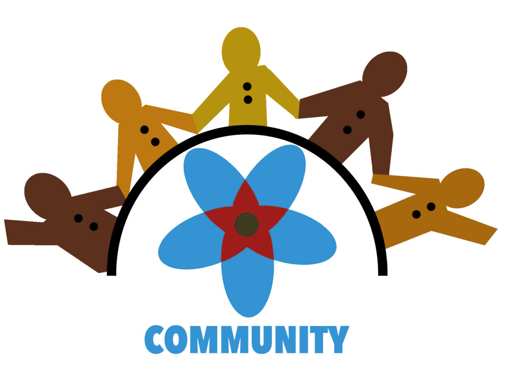 A graphic showing people cut outs holding hands around a blue flower. Beneath the flower, the word "community" is written in blue letters.