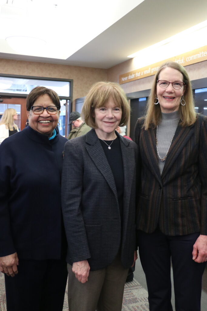 A photo of Trellis Board Chair Vanne Owens Hayes, Senator Tina Smith, and Trellis President and CEO Dawn Simonson