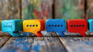 Photo of four small, colorful speech bubbles made out of wood.