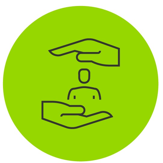 Green icon showing two hands surrounding an outline of a person.