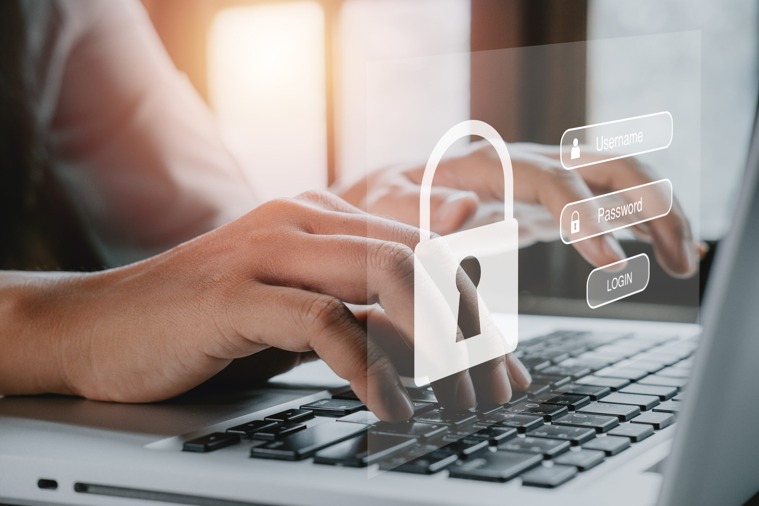 Graphic showing hands at a keyboard with a password lock screen hovering above.