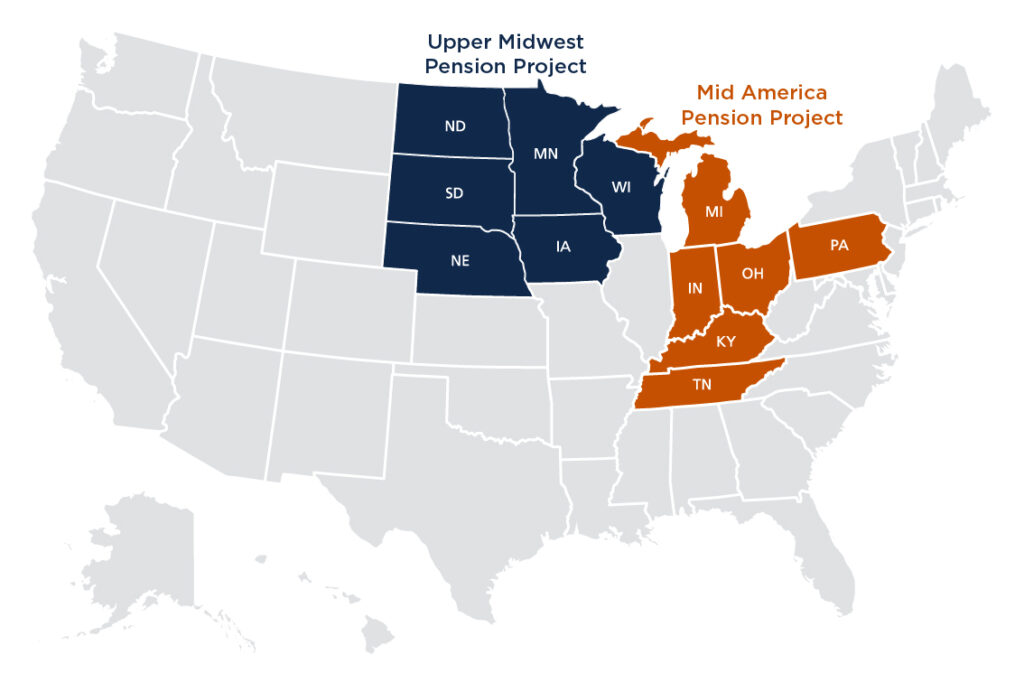 Map of the United States. The following states are highlighted in blue: North Dakota, South Dakota, Nebraska, Iowa, Minnesota and Wisconsin. Above them, the words "Upper Midwest Pension Project" appear. The following states are highlighted in orange: Michigan, Indiana, Ohio, Kentucky, Tennessee, Pennsylvania. Above them, the words "Mid America Pension Project" appear.