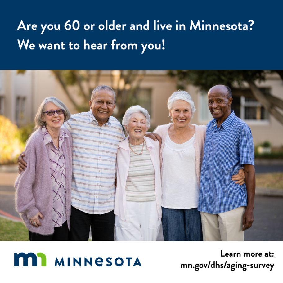 Photo of five people standing together outside in a neighborhood setting. Above them, text reads "Are you 60 or older and live in Minnesota? We want to hear from you!" Below the photo, the state of Minnesota logo appears and text reads, "Learn more at: mn.gov/dhs/aging-survey."